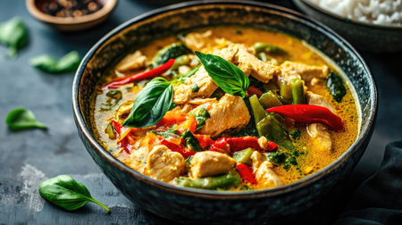 A high-resolution image of a Thai Green Curry served with jasmine rice, featuring the creamy, spicy curry with chicken and vegetables, beautifully plated.の素材