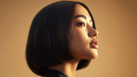 A high-resolution image of a woman with a chic, sleek bob haircut, with smooth, straight hair and a professional appearance against a neutral backdrop.の素材