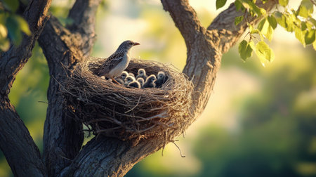 A large bird nest resting on a sturdy branch of a tall tree, with a mother bird feeding her chicks, showcasing a peaceful moment in nature.の素材