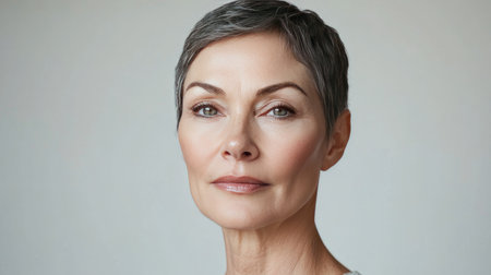 A high-resolution portrait of a mature woman with short hair, highlighting her well-cared-for skin and confident demeanor, set against a light, neutral background.の素材