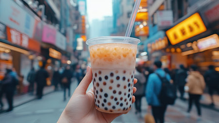 A hand holding a cup of iced bubble tea with a wide straw, the tapioca pearls visible through the clear plastic, against a bustling street background.の素材