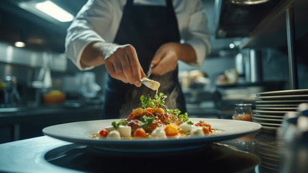 A modern kitchen with a chef plating a fine-dining dish, arranging the food artfully on the plate, ready to be served in an elegant presentation.の素材