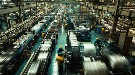 A wide-angle view of a busy industrial factory floor with workers operating machinery and conveyor belts, highlighting the scale and activity of the manufacturing process.の素材