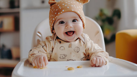 A baby wearing a cute outfit with a matching hat, sitting in a high chair and enjoying a first taste of solid food, capturing the excitement of early milestones.の素材