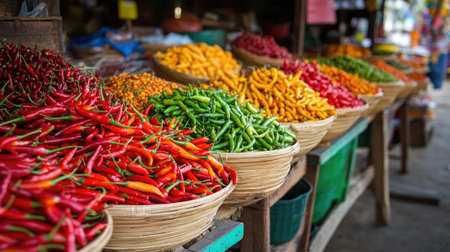 A vibrant market stall overflowing with different types of chili peppers, from mild to fiery hot, attracting food lovers with its colorful display of spices.の素材