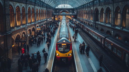 A bustling train station with passengers waiting on the platform and trains arriving and departing, capturing the dynamic atmosphere of daily commutes.の素材
