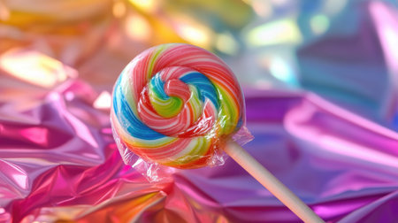 A close-up of a lollipop being unwrapped from its colorful wrapper, with the shiny, transparent wrapper catching the light and highlighting the candy inside.の素材
