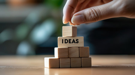 A close-up of a hand placing a wooden block labeled "IDEAS" onto a stack of other blocks, representing the building and development of creative concepts.の素材