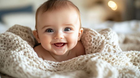 A close-up of a smiling baby with chubby cheeks and bright eyes, lying on a soft blanket, radiating cuteness and joy in a cozy, well-lit nursery.の素材