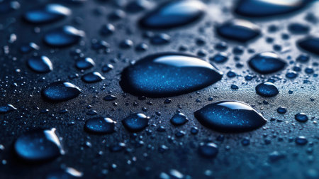 A close-up of blue water droplets on a smooth surface, with the blue color and the reflection of light creating a visually appealing pattern.の素材