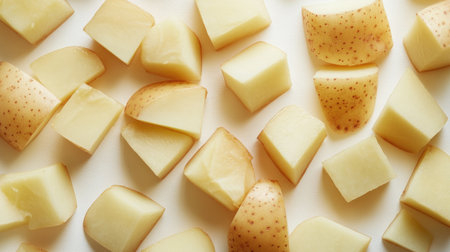 A collection of cut potato pieces, including slices and cubes, arranged artistically on a white surface, emphasizing their freshness and versatility.の素材