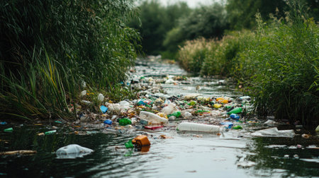 A close-up of a river with a mix of plastic and organic waste tangled among reeds and vegetation, illustrating the accumulation of trash in a natural habitat.の素材