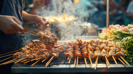 A detailed shot of a Thai street food scene with a vendor serving Som Tum and grilled chicken, capturing the lively atmosphere and delicious, authentic dishes.の素材