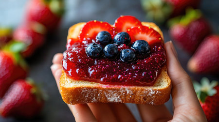 A hand holding a slice of toast with colorful fruit spreads, such as strawberry and blueberry, with a clean, bright background highlighting the toppings.の素材