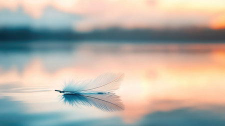 A feather gently floating on the surface of still water, reflecting the soft light of the sky, creating a calm and peaceful atmosphere.の素材