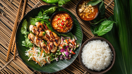 A high-angle view of a traditional Thai meal with grilled chicken, a colorful serving of Som Tum, and accompaniments like sticky rice and fresh herbs, set on a bamboo mat.の素材