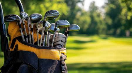 A high-resolution image of a golf bag with various clubs, tees, and a golf glove, arranged neatly on a golf cart or near the green, emphasizing the gear used.の素材
