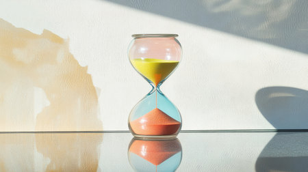 A modern hourglass with colorful sand grains, positioned on a sleek glass desk, with its vibrant colors creating a striking contrast against a minimalist background.の素材