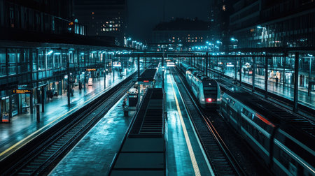 A nighttime view of a train station illuminated with bright lights, with trains and passengers moving through the platform, showcasing the station's activity after dark.の素材
