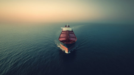 A majestic oil tanker sailing through deep ocean waters, with a clear sky above and a vast, endless horizon stretching into the distance.の素材