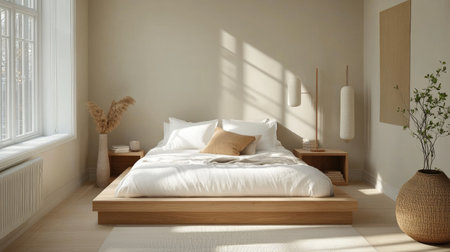 A modern Nordic bedroom with a platform bed, white linens, and light wood furniture, complemented by a neutral color palette and minimalistic decor.の素材