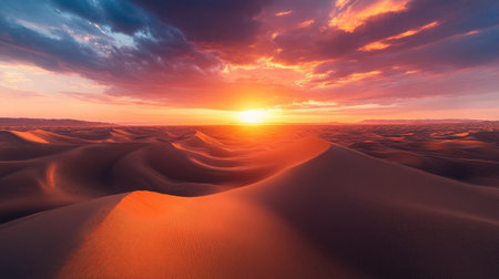 A panoramic view of a sunrise over an expansive desert, with the sun casting long shadows across the dunes and the sky painted in vibrant hues of orange and pink.の素材