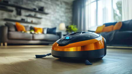 A modern vacuum cleaner in action on a clean hardwood floor, showcasing its sleek design and powerful suction capabilities in a stylish living room setting.の素材