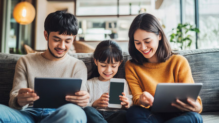 A photo of a family using multiple wireless devices like tablets, laptops, and smartphones at home, with a focus on their seamless connectivity and digital interaction.の素材