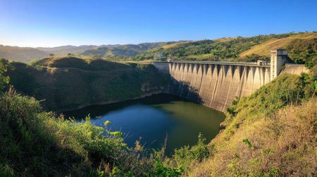 A panoramic view of a large water dam with its massive concrete structure and reservoir, surrounded by lush green hills and clear blue sky.の素材