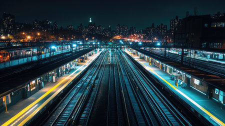 A nighttime view of a train station illuminated with bright lights, with trains and passengers moving through the platform, showcasing the station's activity after dark.の素材