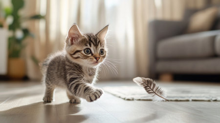 A playful kitten chasing a feather toy across a living room, with its paws outstretched and eyes focused, capturing the energy and curiosity of feline playの素材