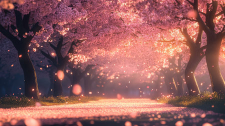 A romantic evening scene with cherry blossom trees illuminated by soft, warm lights, creating a magical atmosphere with glowing pink petals and a serene background.の素材