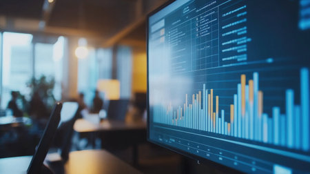 A professional shot of a business meeting with a projector screen displaying a detailed graph, highlighting data-driven discussions and presentationsの素材
