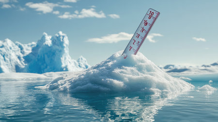 A picture of a melting ice cap with a floating thermometer showing high temperatures, symbolizing the ongoing rise in global temperatures and its effects.の素材