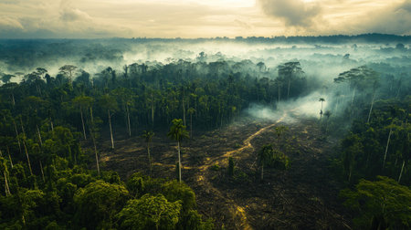 A photo of a lush forest with visible signs of deforestation and drought, showing the impact of global warming on biodiversity and forest healthの素材