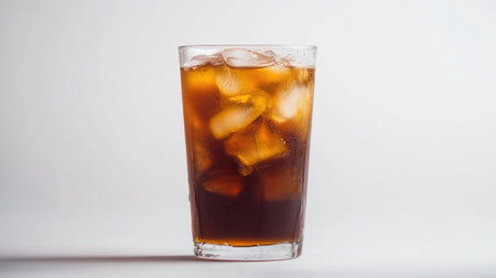 A refreshing glass of iced milk tea with condensation on the outside, placed on a white background, highlighting the chilled and refreshing nature of the drink.の素材