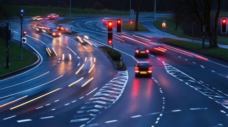 A professional image of traffic lights and road markings at a roundabout, demonstrating how signals guide vehicles in complex traffic situations.の素材