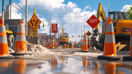 A professional image of road construction and detour signs with heavy machinery, depicting the impact of roadwork on traffic flow and commuter routes.の素材
