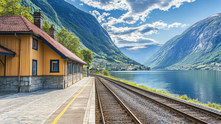 A scenic shot of a train station located in a picturesque setting, such as near mountains or by the sea, highlighting the connection between travel and landscapeの素材