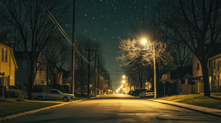 A quiet, empty suburban street at night with dim streetlights casting long shadows, and a few parked cars along the curbs under a starry sky.の素材