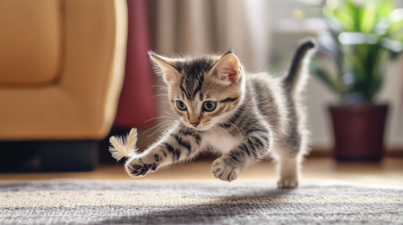 A playful kitten chasing a feather toy across a living room, with its paws outstretched and eyes focused, capturing the energy and curiosity of feline playの素材