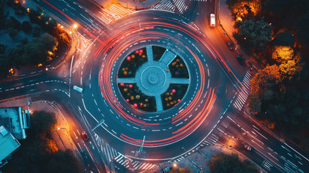 A professional image of traffic lights and road markings at a roundabout, demonstrating how signals guide vehicles in complex traffic situations.の素材