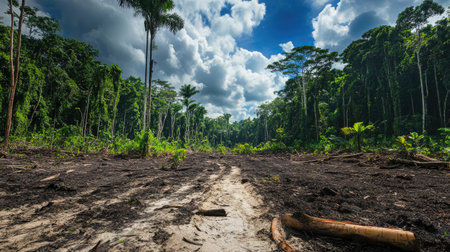A photo of a lush forest with visible signs of deforestation and drought, showing the impact of global warming on biodiversity and forest healthの素材