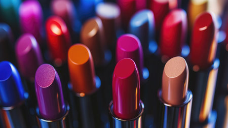A stylish arrangement of different lipstick tubes and their colors, displayed with the caps off, to highlight the variety and appeal of the shades.の素材