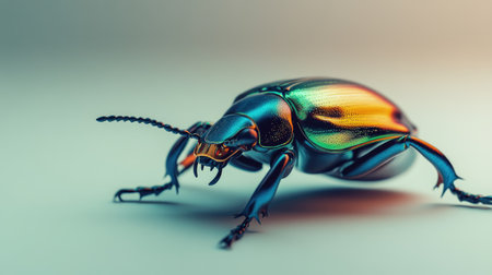 A single beetle on a white surface, with a focus on its shiny, iridescent shell and legs, creating a striking visual against the simple backdrop.の素材
