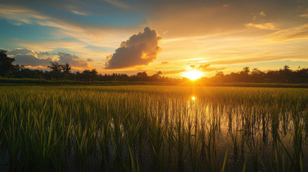 A serene sunset over rice fields with the sky painted in warm colors, and the silhouette of rice stalks creating a picturesque and peaceful scene.の素材