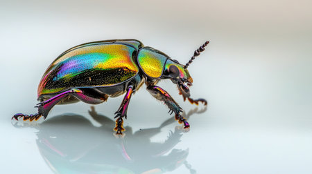 A single beetle on a white surface, with a focus on its shiny, iridescent shell and legs, creating a striking visual against the simple backdrop.の素材
