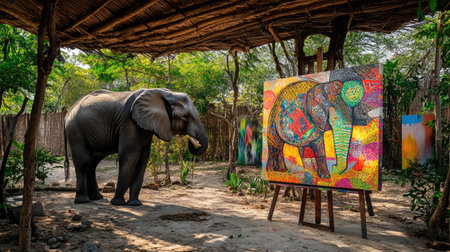 A side view of an elephant painting under a shaded canopy, surrounded by nature, with a finished canvas displaying colorful patterns.の素材
