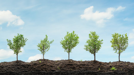 A time-lapse effect of a tree planting area showing the stages of growth from sapling to young tree, demonstrating the progress over time.の素材