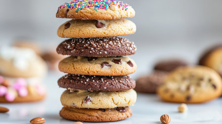 A stack of homemade cookies with different toppings like sprinkles and nuts, placed on a clean white surface to highlight their variety and appeal.の素材